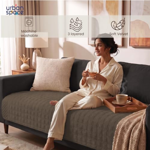 Image of Urban Space Velvet Embroidery Quilted Sofa Cover mat, Premium 2 Seater Non-Slip Sofa slipcover, Easy Care & Machine Washable, Seat Runner for Couch for Living Space (2 Seater - Cuboid Brown)
