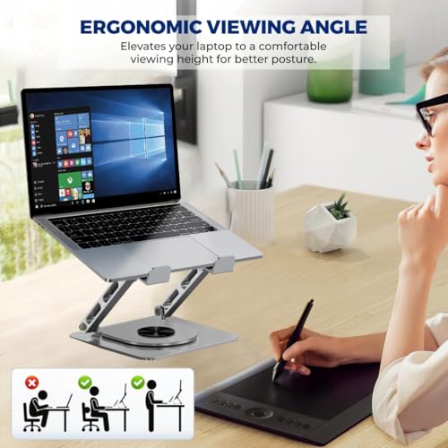 Image of Dyazo 360 Rotating Laptop Stand | Height Adjustable Laptop Riser for Desk | Foldable Metal Notebook Holder with Swivel Base | Compatible for MacBook, HP, Dell, Lenovo & All 10-15.6 Inch Laptop (Grey)