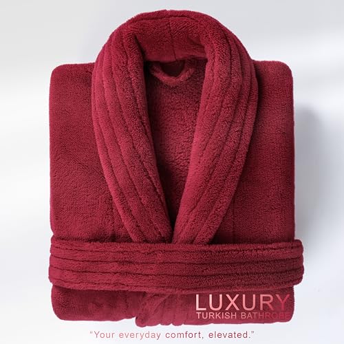 Image of American Soft Linen Women's Fleece Bathrobe - Luxury Soft, Plush, Fuzzy & Warm Turkish Robe for Women, Cozy Spa Quality Adult Bathroom Lounge Robe, Red L