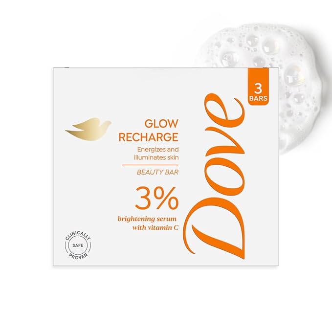 Dove Glow Recharge Serum Beauty Bar | 3% Brightening serum + Vit C | Energizes & Illuminates skin | Paraben & SLS free | 375g (125g x 3)