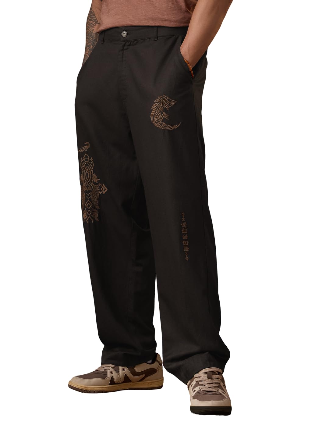the souled store Nomad: Valhalla Mens and Boys Brown Embroidered Viscose Blend Baggy Fit Everyday Wear Lightweight Cotton Line n Pants-picture-26