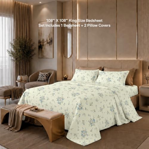 Image of Jaipur Weaves Cotton Percale King Size Bedsheet 108x108 Super King, 100% Pure Cotton Bed Sheet with 2 Pillow Covers, 300 TC Soft Breathable Floral Design Bedding (Floral Blue, Super King)