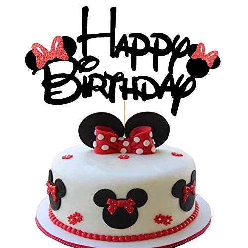 Minnie Happy Birthday Cake Topper With Bow Tie Glitter Mouse First Birthday Two Three Four Five Six Years Old Birthday Mouse Themed Kids Girls Birthday Party Cake Supplies Decoration #TOP28