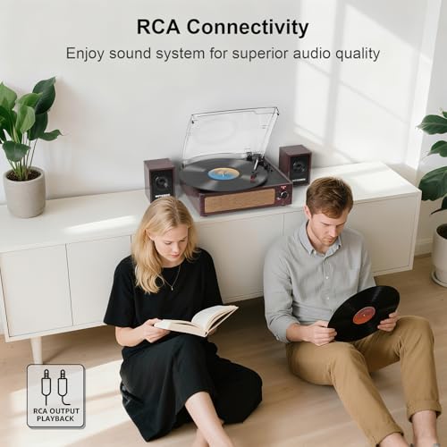 Image of Record Player with External Bookshelf Speakers Belt-Drive Vintage Turntable for Vinyl Records Passive Dual Stereo Speakers LP Players 3 Speed Wireless AUX Headphone Auto Stop Retro Wooden Dark Red