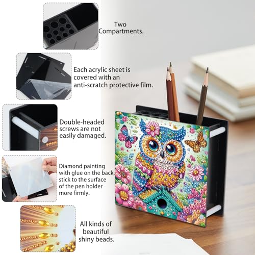 Image of DIY 5D Diamond Painting Pen Holder - Cute Wise Owl Diamond Art Painting Pen Holder, Decorative Pencil Organizer