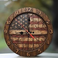 American Flag Rustic Wood Wall Clock Distressed Design Home Decor 10 Inch Wooden Wall Clock, Silent