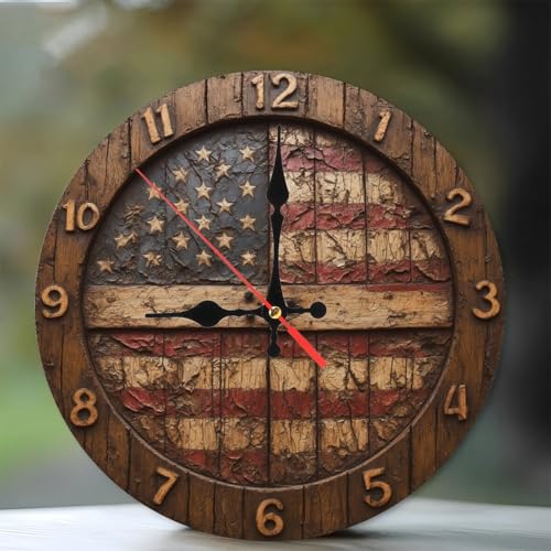 American Flag Rustic Wood Wall Clock Distressed Design Home Decor 10 Inch Wooden Wall Clock, Silent