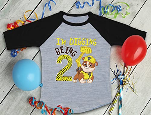 Image of Tstars Paw Patrol Rubble 3rd Birthday Baseball Tee Toddler Boy 3 /4 | Soft raglan Rubble digging tee for turning three; great for 3rd birthday, construction party, photo gift