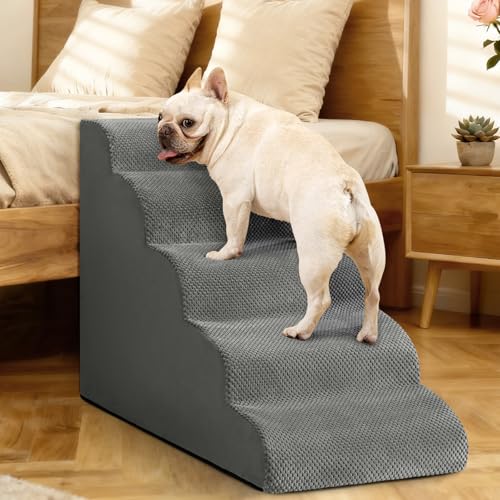 Image of Aodisman Dog Stairs for High Beds,5 Step Pet Ramp for Dogs and Cats,22.4 inch H | High-density foam dog steps for beds and window sills, with a non-slip bottom for puppy and older cat,comfortable,Grey