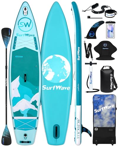 Inflatable Paddle Board, Extra Wide Stand Up Paddle Board, Sup Board with Removable Fin, Floating Paddle, Hand Pump, Waterproof Bag, Traveling Board