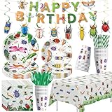 Xenorik Bug Birthday Party Decorations for Kids, Garden Nature Themed Insect Party Supplies for Birthday Baby Shower, Paper Plates, Cups, Napkins, Banner, Swirls, Tablecloth, Cutlery, Serves 24