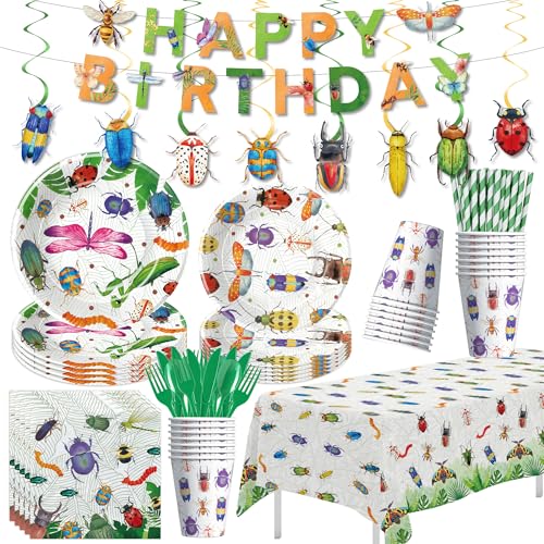 Xenorik Bug Birthday Party Decorations for Kids, Garden Nature Themed Insect Party Supplies for Birthday Baby Shower, Paper Plates, Cups, Napkins, Banner, Swirls, Tablecloth, Cutlery, Serves 24
