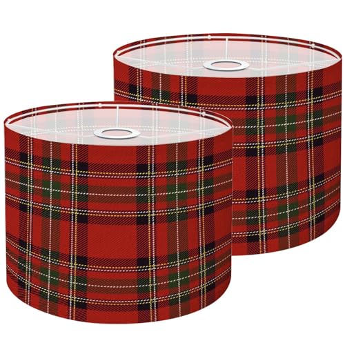 Lamp Shades Set of 2 Christmas new year tartan plaid Scottish black red white cage Scottish Drum Lamp Shades for Table Lamps Floor Lamps Pendant Light 8.9x11 Replacement Lampshades Easy Assembly