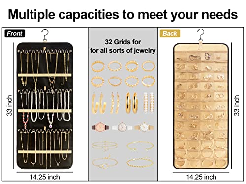 Wimupath Hanging Jewelry Organizer Storage Roll, Double-Sided Jewelry Holder For Earrings, Necklaces, Rings On Closet, Wall, Door, With Hanger Metal Hooks, Large, Black #TOP3