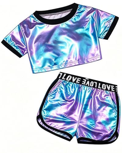 Image of Betusline Girls Summer 2 Piece Outfits,Kids Short Sleeve Crop Top & Shorts Set with Side Pockets