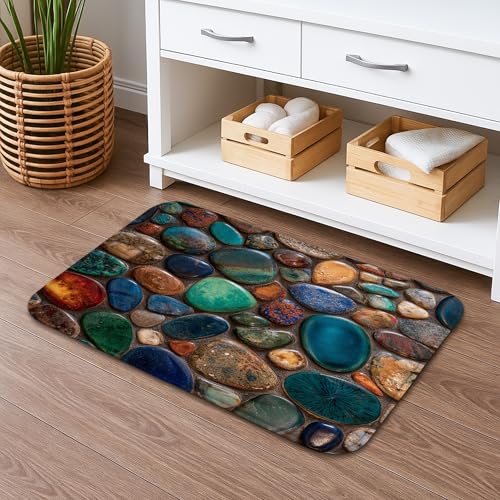 Tapis de bain coloré à motif galets de roche, motif pierre vibrante, absorbant, antidérapant, tapis de bain lavable en mousse à mémoire de forme pour salle de bain, toilettes, toilettes, décoration
