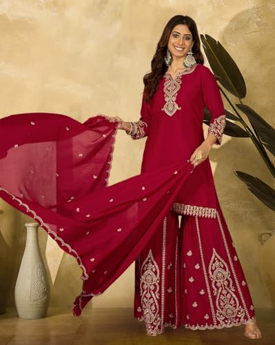 Image of SheWill Poly Chinon Zari Sequence Cording Embroide Kurta with Palazzo and Dupatta - Vibrant Set with Exquisite Detailing and Graceful Drape
