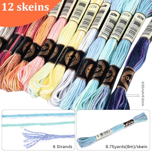 Image of 12 Skeins 105 Yards 6 Strands Embroidery Floss Colorful Gradient Thread Cross Stitch Variegated Friendship Bracelet String Cord Bulk Yarn Set for Bracelets Hand Sewing Making DIY Crafts