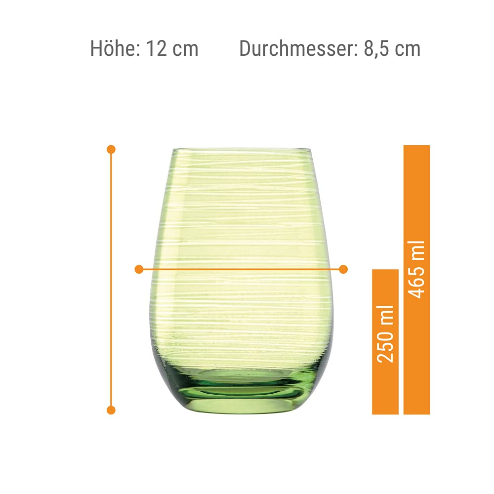 Stölzle Lausitz TWISTER 465 ml, zielone, szklanki, zestaw 6 szklanek, nadają się do mycia w zmywarce, wysoka odporność na uderzenia, uniwersalne jako szklanki do wody, soków i longdrinków
