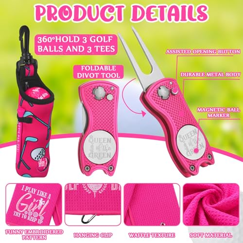 18 Pcs Pink Golf Accessories Kit Include 6 Birdie Pink Golf Balls, 6 Tees, 2 Towels, Golf Ball Bag, Golf Divot Tool, Gift Box Bag of Raffia,mon Birthday Retirement Gift for Women - Image 4
