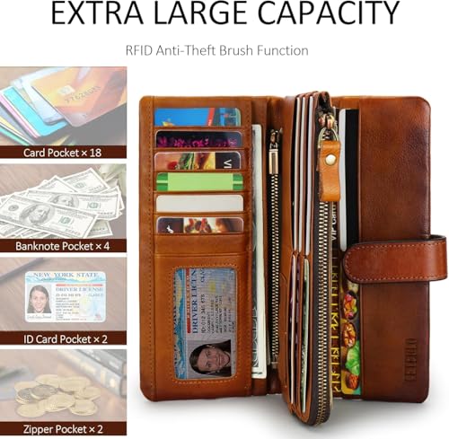 RFID Blocking Genuine Leather Wallet Vintage Hand Rubbing Organizer with Clasp Closure (Brown)2