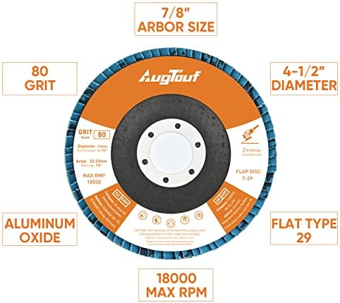 AugTouf 4.5 Inch Flap Discs (80Grit x 10 PCS), Angle Grinder Sanding Wheel, High Density Abrasive Grinding Discs T29 Zirconia for Metal/Wood Grinding (7/8 inch Arbor Size)