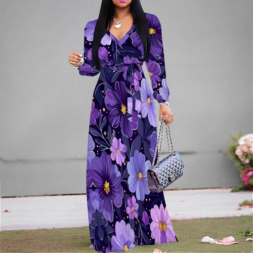 Image of PinkPatty Women's Print Maxi Dresses 3 /4 Sleeve Flowy Long Dress V Neck Wrap Tie Waist Sundress