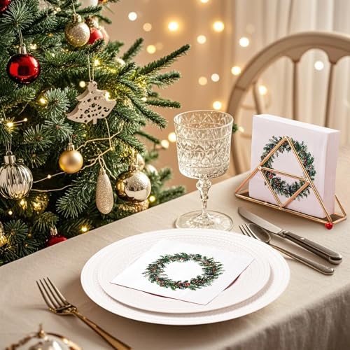 WRAPAHOLIC 50Pcs Berry Wreath Christmas Paper Napkins - 3-Ply Disposable Cocktail Napkin for Christmas Party Supplies Tableware, Xmas Holiday Party Decorative Towels - 5 x 5 In – Image 5