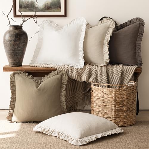 Image of Foindtower Set of 2 Decorative Soild Fringe Ruffle Throw Pillow Covers Soft Boho Farmhouse Cushion Cover Cozy Accent Retro Pillowcase for Couch Sofa Bed Living Room Home Decor,22x22 Inch,White