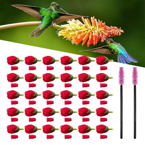 30Pcs Hummingbird Feeders Replacement Flowers, Unique Pet Bird Feeder Replaceable Flowers Parts with 2 Cleaning Brush, Hummingbird Feeding Ports Bee Guards for Outdoor Hanging Feeders (Red)