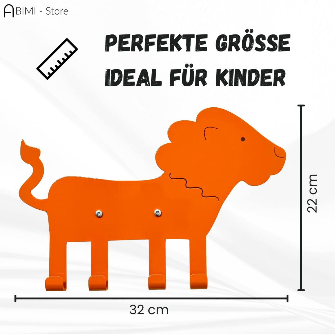 ABIMI Kindergarderobe Löwe aus pulverbeschichtetem Stahl – 4 Haken als Tierbeine – Wandgarderobe für Kinderzimmer & Flur – robust, durchdacht & mit Sorgfalt gefertigt – 32 × 22 × 2 cm