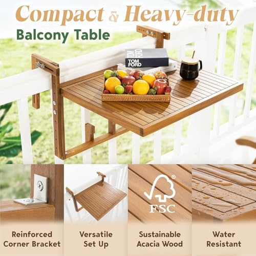 Acacia Wood Folding Balcony Deck Table for Railings Adjustable Height & Width Teak Brush Finish Durable Against Weather Outdoor Furniture