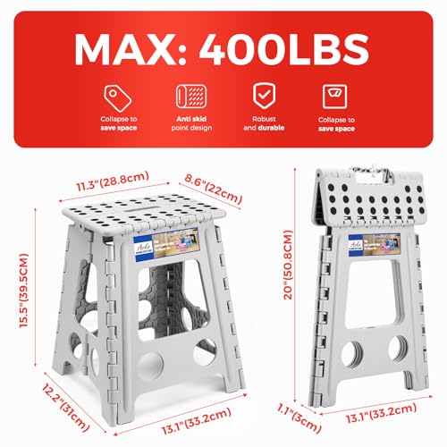 Image of ACKO Folding Step Stool Foldable 16 Inch 400 lbs Capacity, Plastic Stools for Adults and Kids, Collapsible Stools for Kitchen, Stepping Stool with Handle(Grey)