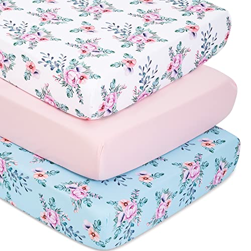 Image of TILLYOU 3-Pack Jersey Knit Stretch Fitted Crib Sheets Set for Baby Boys Girls 28”x52”+8” Deep Pocket, Ultra Soft Breathable and Lightweight Mattress Cover for Standard Toddler Bed, Floral Flowers