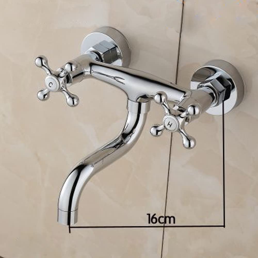 Rubinetto da parete a due manici, a parete, da cucina, 16 x 17 x 6 cm, con beccuccio orientabile per lavabo, installazione del bagno, argento