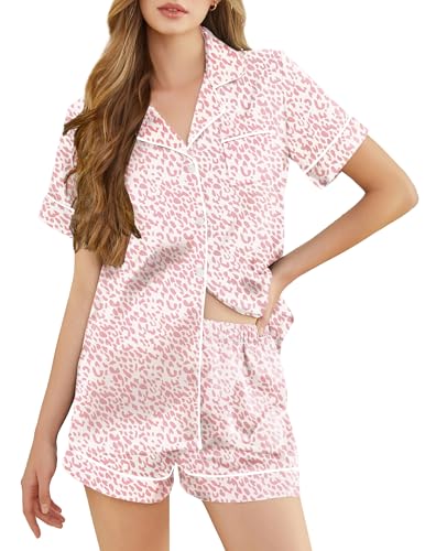 Image of Silk Pajamas for Women Short Sleeve Sleepwear Soft Button Down Loungewear 2 Piece Satin Pjs Shorts Set S-XXL