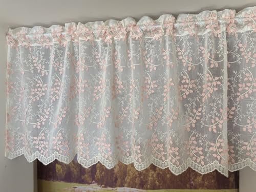 Vordesack Rideau brise-bise en coton avec broderie 3D - Motif campanule - Dentelle - Rideau court semi-transparent avec passe-tringle - 1 pièce - Rose - H x l...