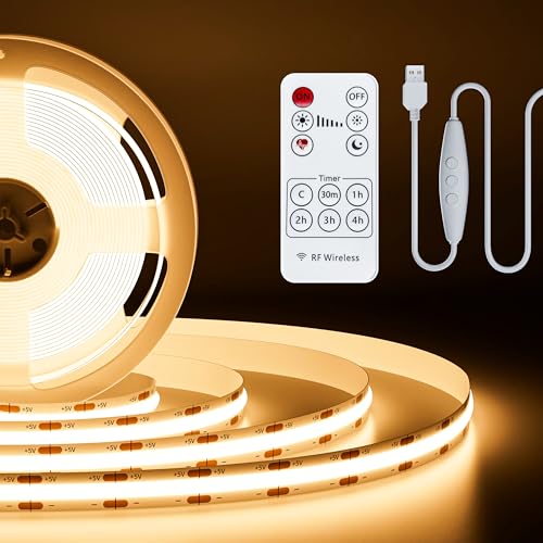 PAUTIX 5V USB COB LED Strip Lights UL-Listed Dotless LED Lights with RF Remote,6.56ft Dimmable 3000K...