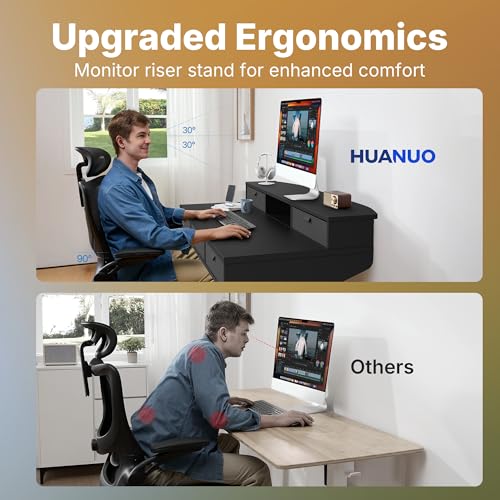 Image of HUANUO 48 x 24 inch Electric Standing Desk with 4 Drawers, Adjustable Height Sit Stand Home Office Desk with Two Tiers, Ergonomic Adjustable Stand up Desk C-Clamp Monitor Mount Compatible, Black