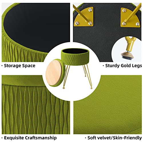 Gerant Velvet Storage Ottoman Vanity Stools - Multifunctional Upholstered Pleated Round Footrest With Golden Metal Legs,Removable Coffee Table Top Cover,Suitable For Living Room(Matcha Green) #TOP3