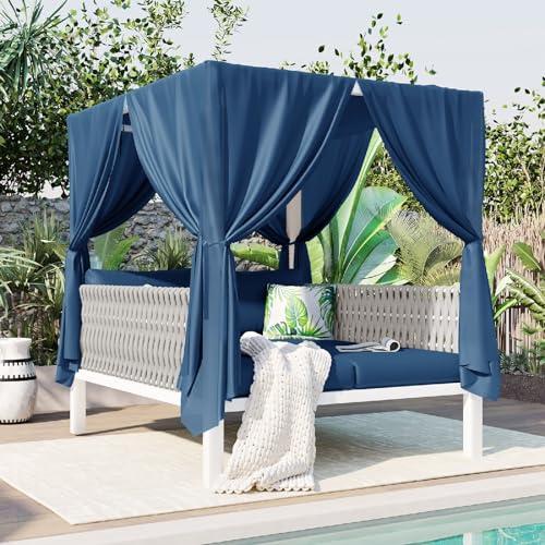 Wycian Large Patio Furniture Set Outdoor Patio Daybed Woven Rope Blue with Curtains Cushion Back Pool Patio Furniture 1PC Simple Assembly