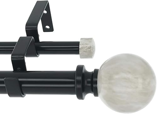 MERIVILLE Barra de cortina de tratamiento de doble ventana de 1 pulgada de diámetro, acabado de bola de mármol blanco español, ajustable de 28 a 48