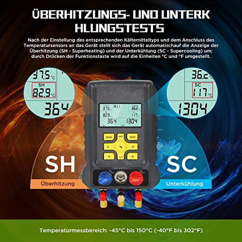 KAISAL Digitale Monteurhilfe Klimaanlage für 93 Arten Kältemittel R410a R32 R22 R1234YF HVAC System Manifold Messgeräte Druck- und Temperaturprüfung Auto AC Kältetechnisches Manometer Vakuum Tester