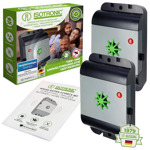 ISOTRONIC Mäuseabwehr Rattenabwehr mit Ultraschall 2 Stück | Testsieger Schädlingsvertreiber elektronisch | für Haus, Keller, Garten, Mäuse und...
