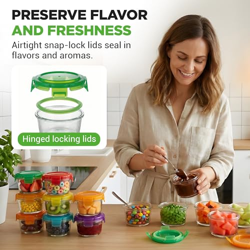 Image of NutriChef 24-Piece (12 Glass Food Storage Containers and 12 Lids), 4.48oz Mini Stackable Meal Prep Round Containers - Microwave, Freezer, & Dishwasher Safe For Food, Snacks, Fruits, Nuts & More