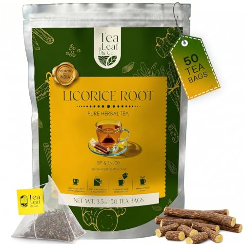 Image of Tealeaf & Co. Licorice Root Tea Blended with Organic Spices - Pure Herbal Tea Bags with Cardamom, Ginger, Cinnamon Sticks & Licorice Root Extract - Low Caffeine - Gluten Free - 50 Teabags