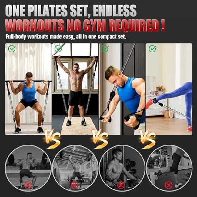 Pilates Bar Kit with Resistance Bands, Heavy Duty Multifunctional Pilates Workout Equipment for Strength Training, HIPS, Back, Arms, Abs, Shoulders, Portable Home Gym & Travel Fitness Gear for Men