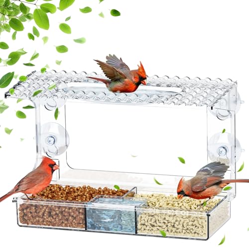 SUSOO Window Bird Feeder for Outdoors with 3 Large Capacity Detachable Seed & Water Tray Acrylic Clear Bird Feeder with Suction Cups for Watching Wild Birds Hummingbirds Finches in Garden Yard