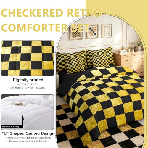 Image of Checkered Retro Comforter Set With Sheets 7 Piece Twin Size Golden Black Plaid Bed in a Bag Kids Boys Girls Geometric Vintage Bedding Set Modern Simple Groovy Aesthetic Bedroom Decor Breathable Soft