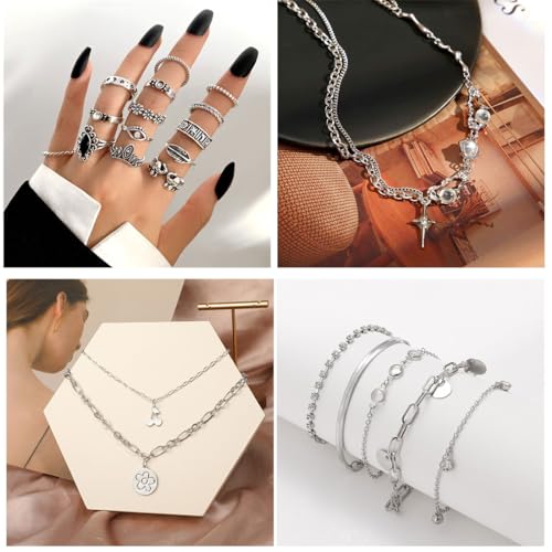 37pcs Silver Jewelry Set With 3 PCS Necklace, 14 PCS Bracelet, 7 PCS Ear Cuffs Earring, 6pcs Hoop Earrings,7pcs silver rings set For Women For Birthday Gifts2
